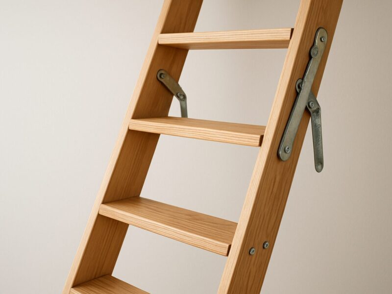 Close-up of a wooden loft ladder showing the rungs and metal hinge mechanism against a plain background.