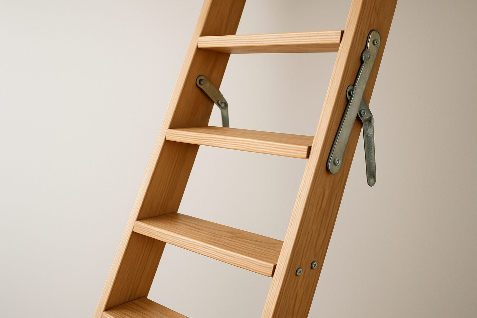 Close-up of a wooden loft ladder showing the rungs and metal hinge mechanism against a plain background.